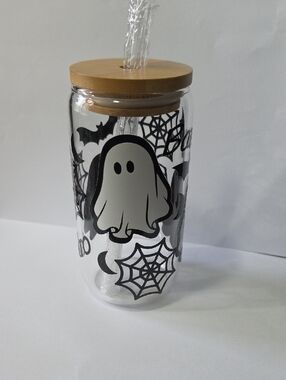 New 16oz Glass Halloween Ghost Tumbler with Bamboo Lid
